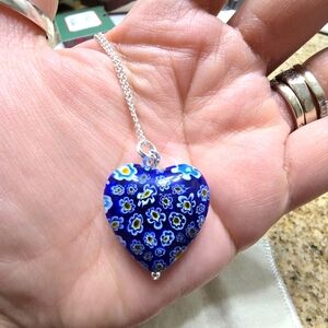 Millefiori Blue Floral Heart Necklace